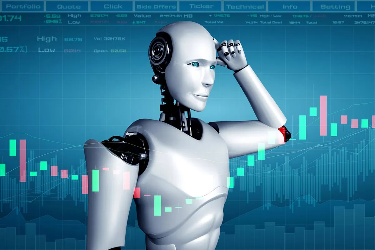 🤔 Machine Learning Milestones: 30 Interesting Machine Learning Statistics 2 a robot with a stock barchart behind it.