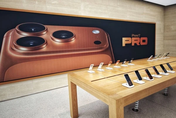 An iPhone 17 Pro display in an Apple Store.