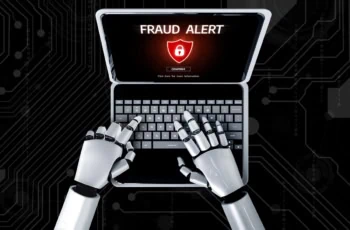 concept art of a robot using a laptop that says fraud alert on the screen.