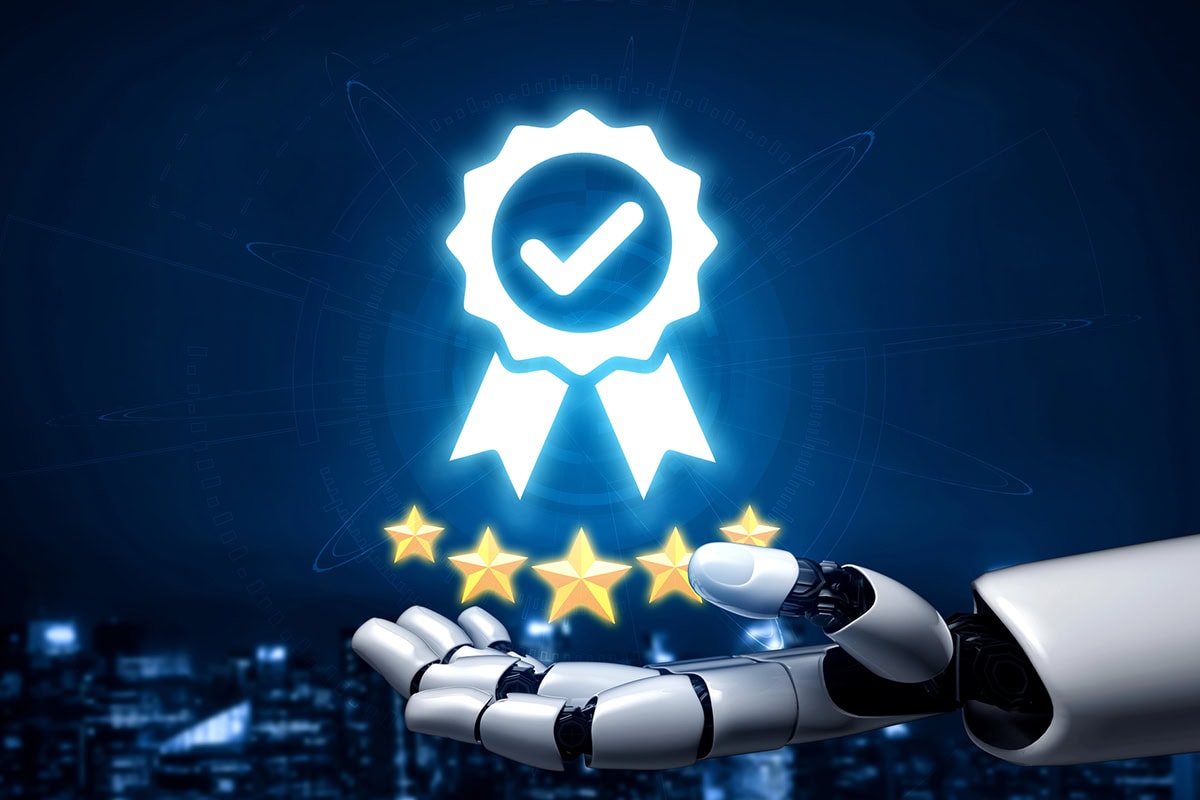 a robot hand presenting a virtual five star rating with a ribbon.