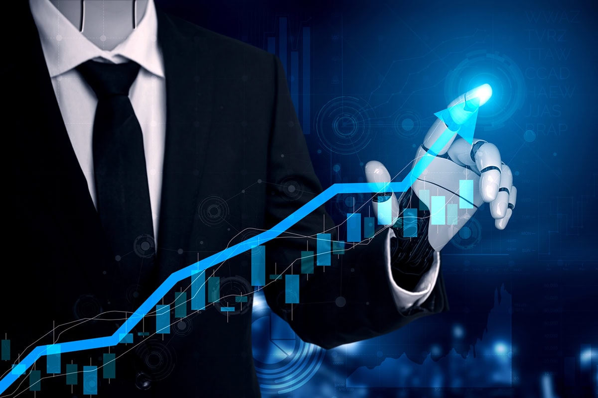3d rendering of a robot businessman making a positive growth chart with its finger.
