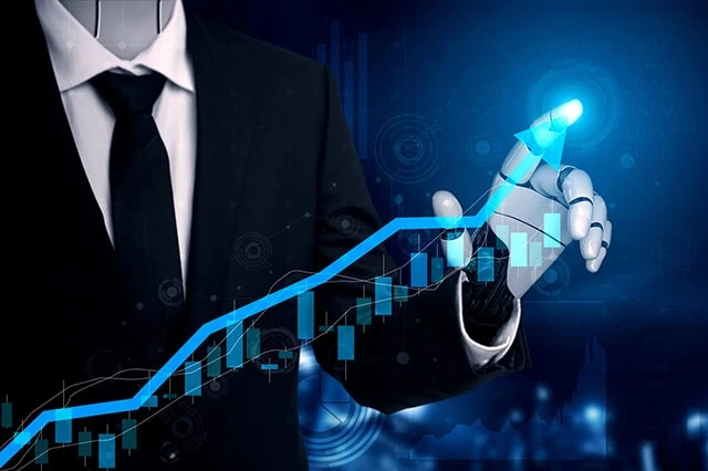 3d rendering of a robot businessman making a positive growth chart with its finger.