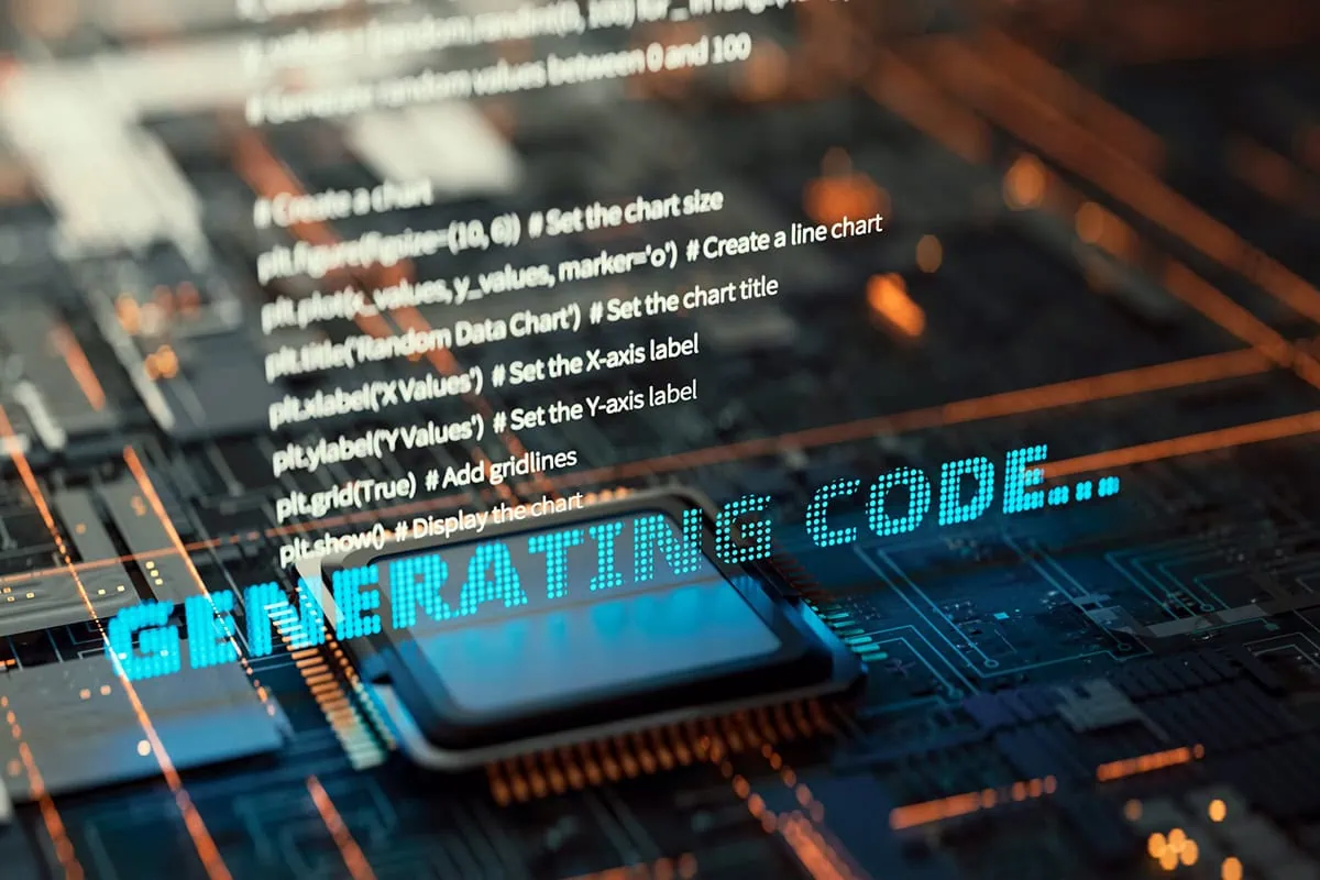 concept art of an AI CPU generating source code.