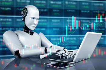 concept art of a robot trading stocks.
