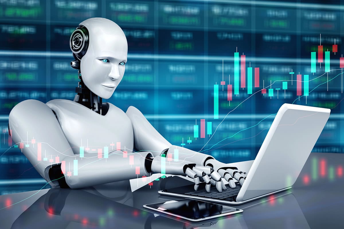concept art of a robot trading stocks.