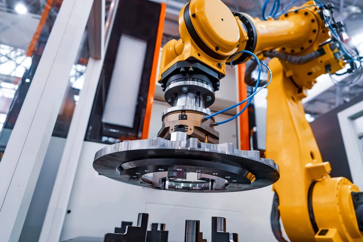 a robotic arm in a factory.