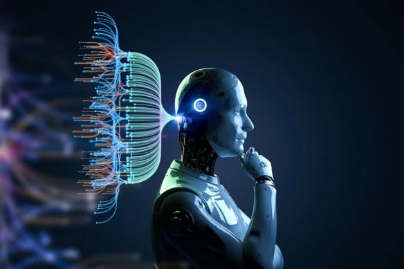 3d rendering of a robot thinking hard illustrated by virtual light brackets emitted from the back of its head.