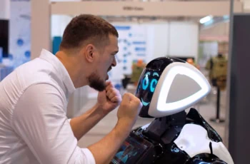 a man yells at a robot.