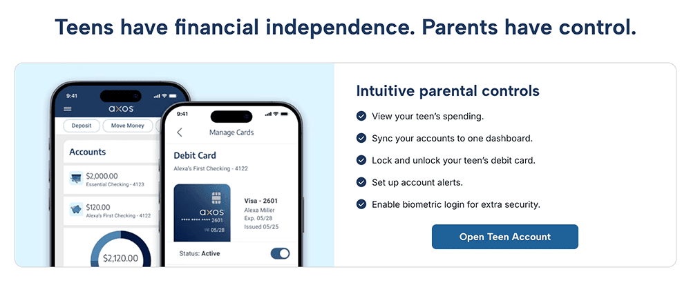Financial Independence With Guardrails: Top 8 Free Debit Cards for Teens & Kids 20 Axos First Checking homepage.