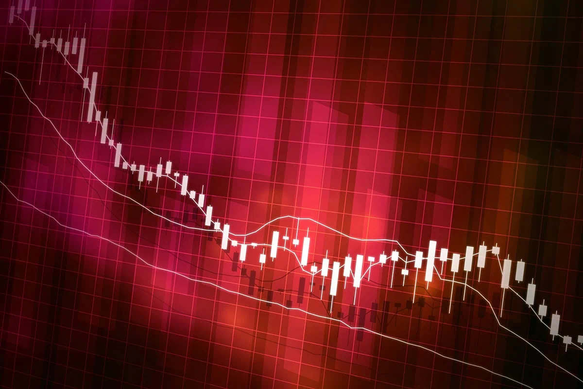 concept art of a stock chart showing declining prices against a red background.