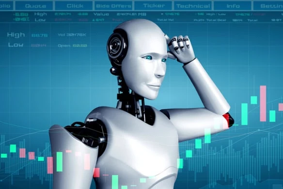 a robot with a stock barchart behind it.