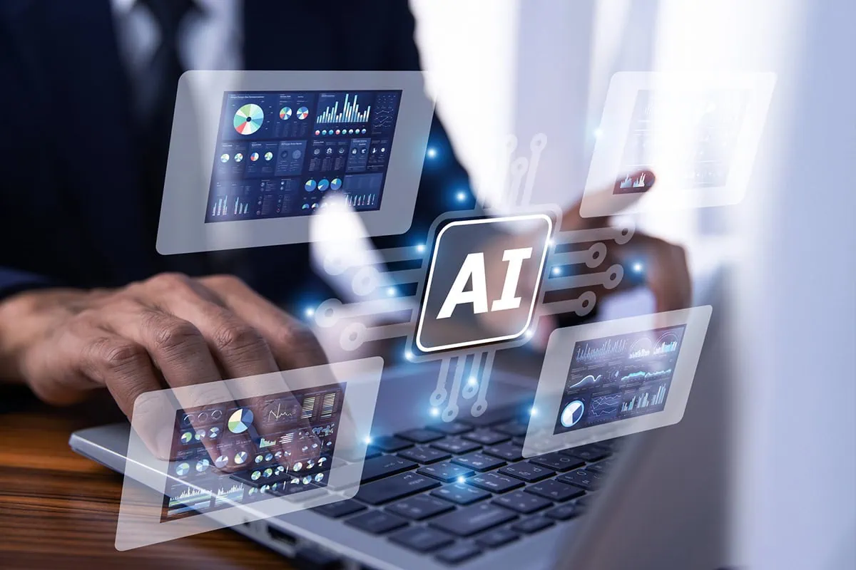 AI ETFs: 7 Funds for Wall Street's Biggest Tech Theme 2 a person piloting a virtual dashboard that says a i.