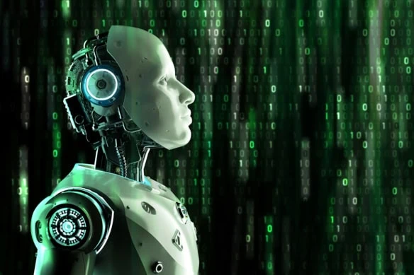 a robot looks through a code matrix similar to that shown in the movie the matrix.