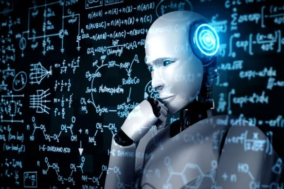 concept art of a robot studying math.