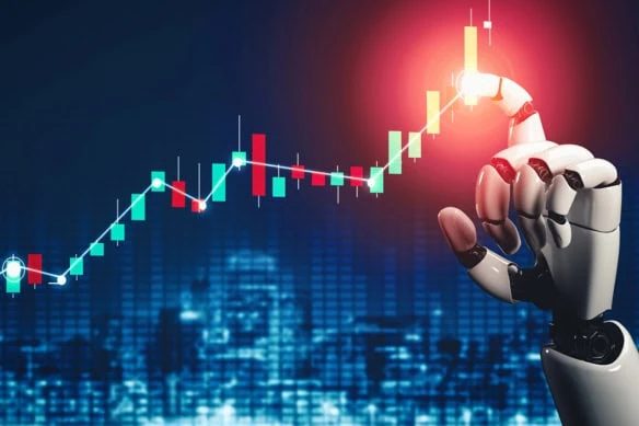 a robot finger traces the upward path of stocks.