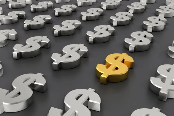 a bunch of 3d silver dollar signs and one 3d gold dollar sign.