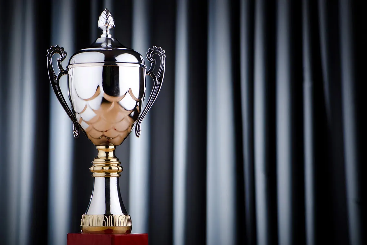 a silver trophy sits in front of silver curtains.