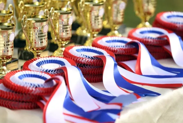 rows of trophies and red white and blue ribbons.