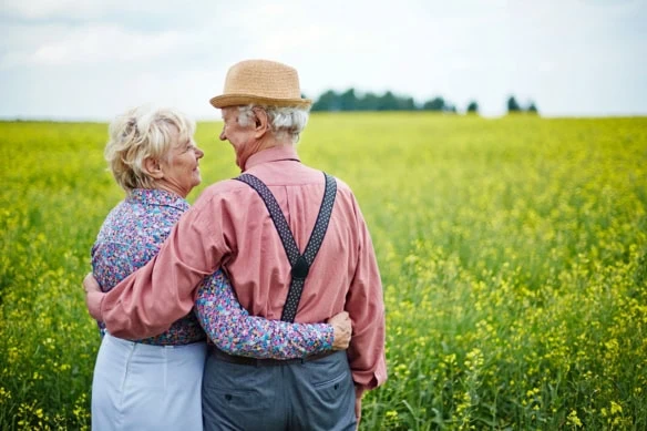 an affectionate senior couple enjoys a summer day while looking at a vast field.