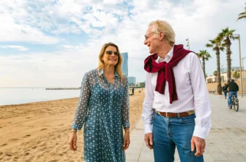 a happy senior couple walks seaside in barcelona.