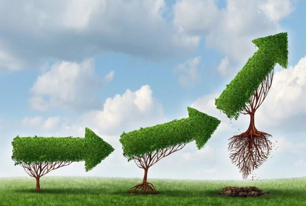 a series of bushes shaped like arrows shows growth over time.