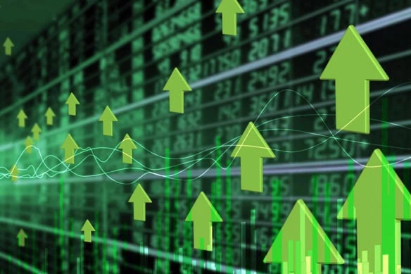 green arrows pointing upward against stock ticker symbols and prices.