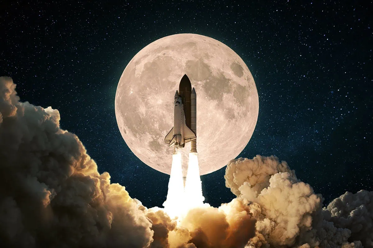 ๐ฏ The Wealth Accelerator: How to Use the Stock Market to Supercharge Your Net Worth 6 a space shuttle rockets upward with a full moon in the background.