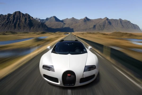 Bugatti Veyron EB 16.4, a mid-engined grand touring car, photographed in Iceland.