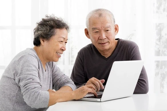 a happy senior couple uses the laptop in their kitchen.