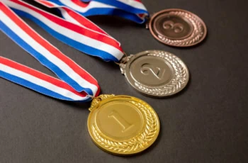 gold silver and bronze medals.