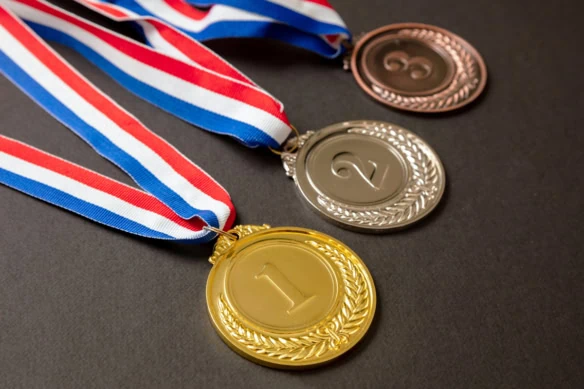 gold silver and bronze medals.