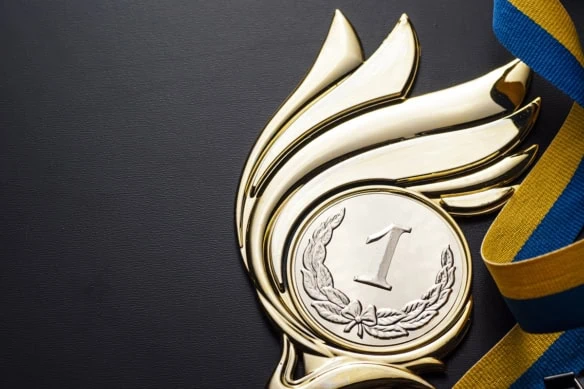 a gold medal with wings.
