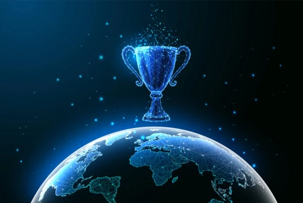 Concept art of a trophy over the earth.