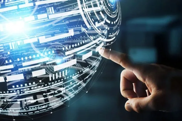 futuristic technology concept art of a finger touching a virtual globe.