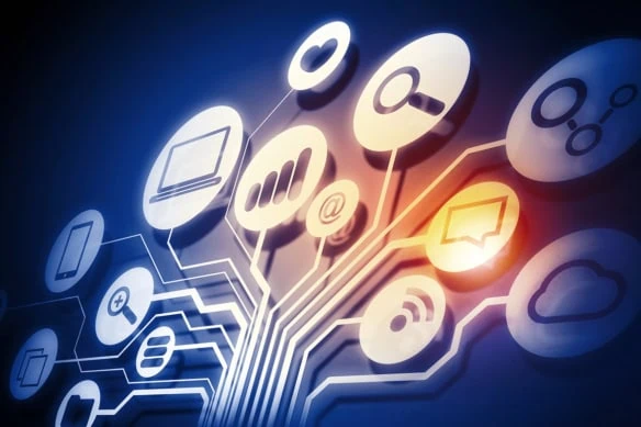 digital background with various icons connected by semiconductor-like extensions.