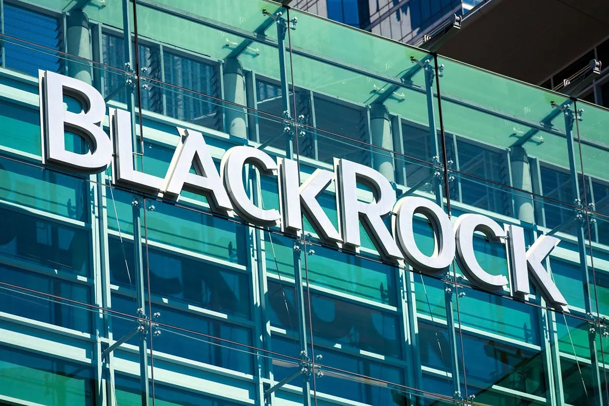 BlackRock sign and logo on glass facade of financial company office building in Silicon Valley.
