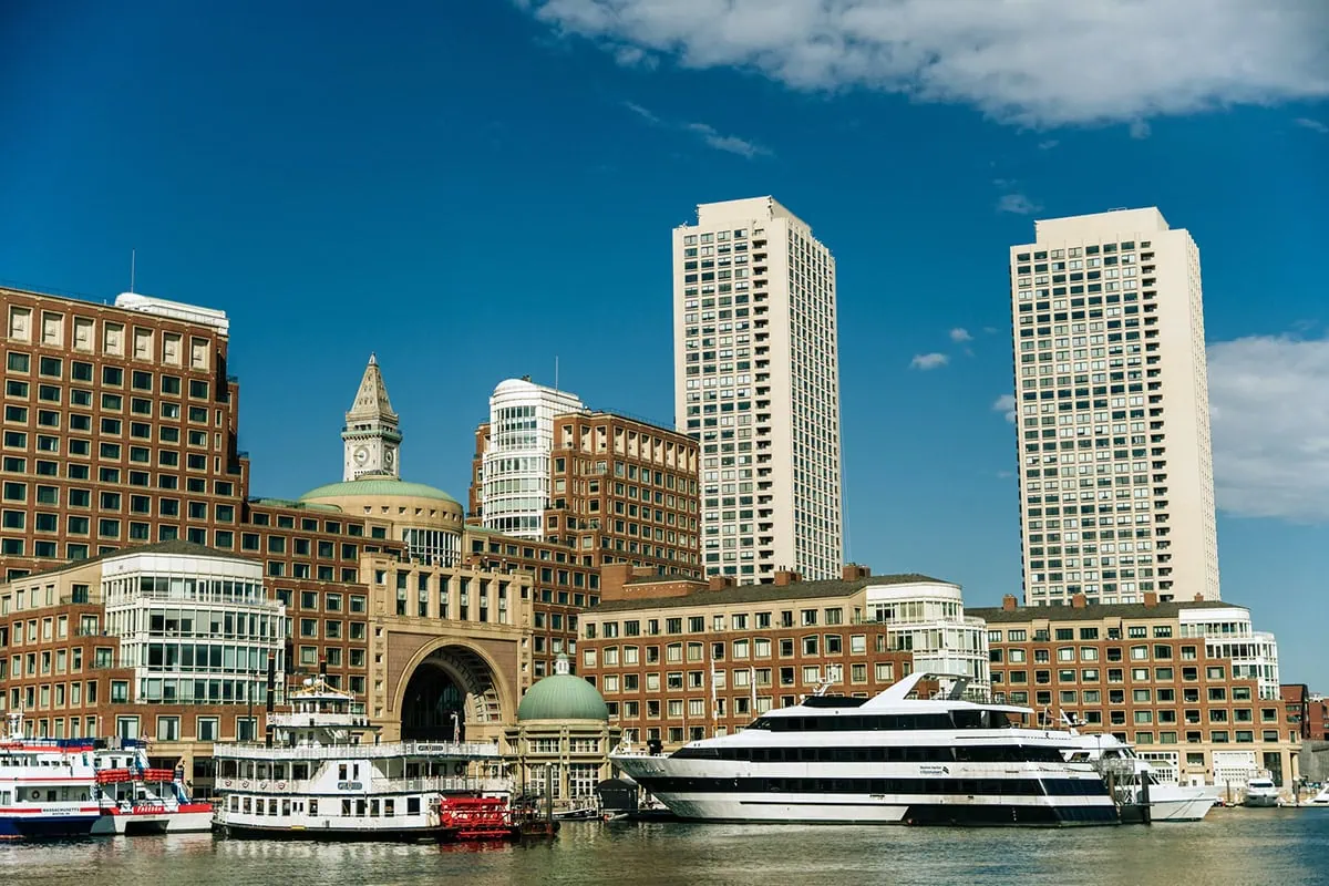 a view of Boston harbor on a sunny day.