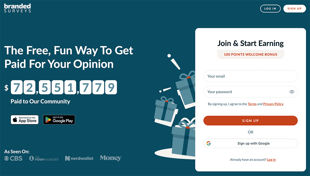 branded surveys homepage.