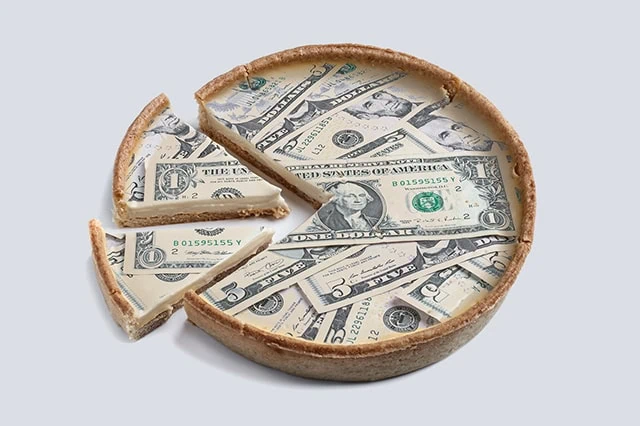 Retirement 2.0: The 3 'must-do' rules that are now obsolete 3 a pie made out of dollar bills with two slices cut out.