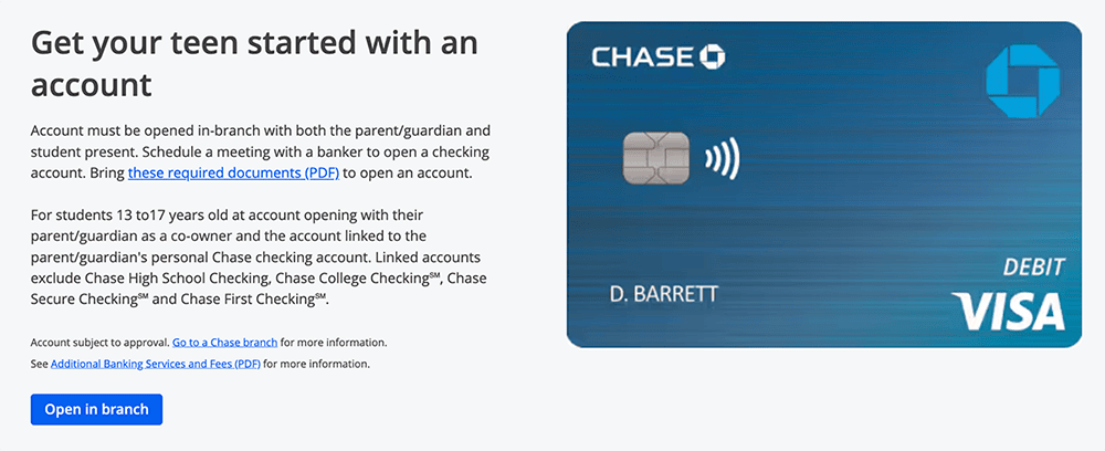 Financial Independence With Guardrails: Top 8 Free Debit Cards for Teens & Kids 30 a screenshot of a chase high school checking debit card.