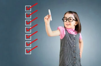 Concept art of a girl crossing off checkmarks on a chalkboard.
