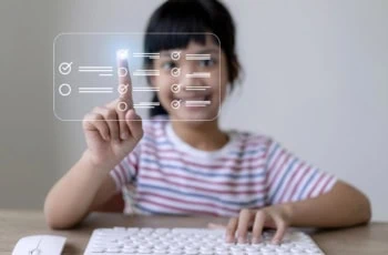 Concept art of a girl crossing off checkmarks on a virtual board.