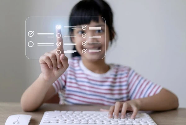 Concept art of a girl crossing off checkmarks on a virtual board.