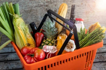 a basket full of groceries.