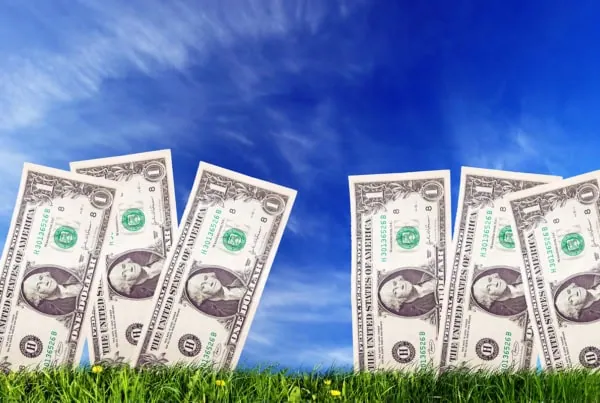 one dollar bills grow out of the ground.