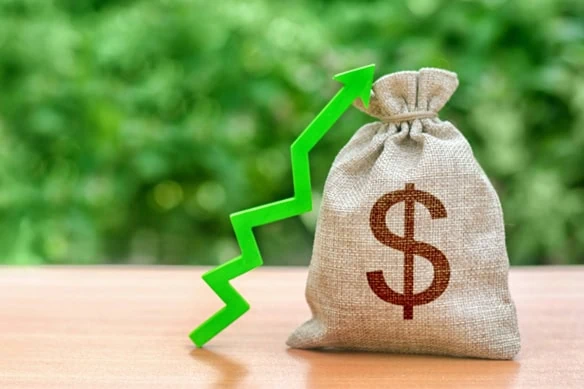 a green line pointing upward rests against a sack of money.