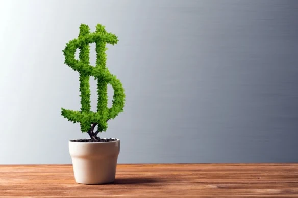 concept art of a plant shaped like a dollar sign growing in a pot.