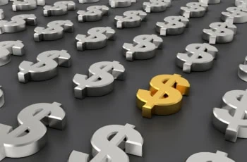 a bunch of 3d silver dollar signs and one 3d gold dollar sign.