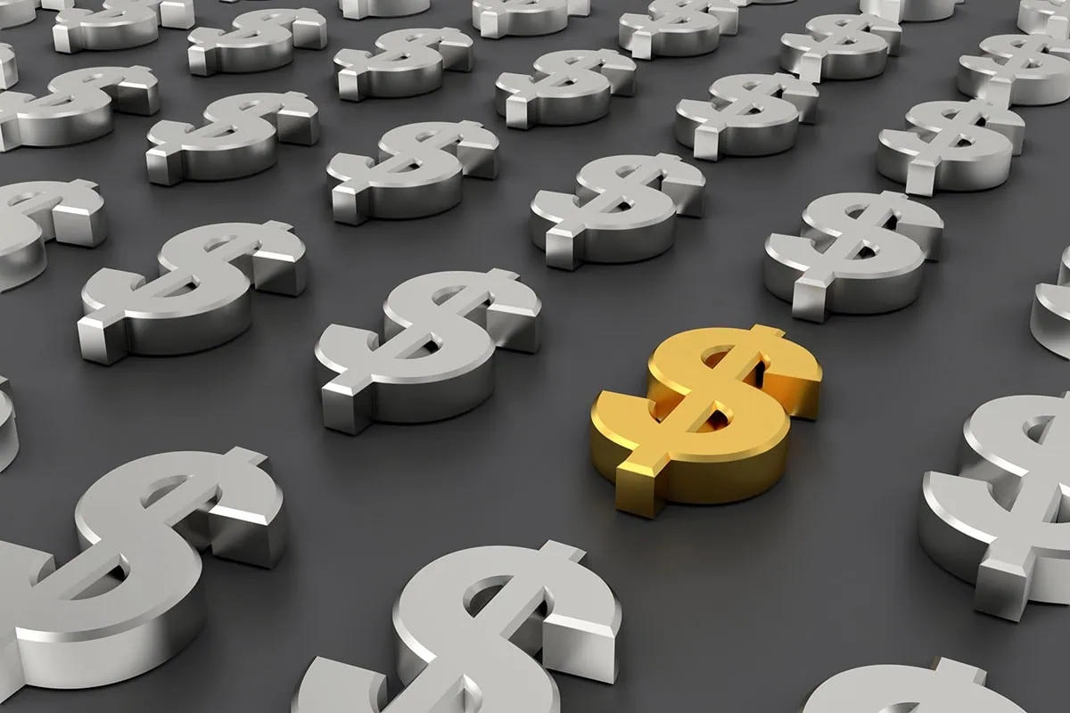 Minimalist Money, Maximalist Life: 11 Secrets for Stress-Free Finances 2 a bunch of 3d silver dollar signs and one 3d gold dollar sign.