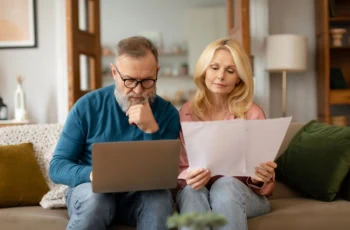 elderly couple looking at financial statements and computer problem solving
